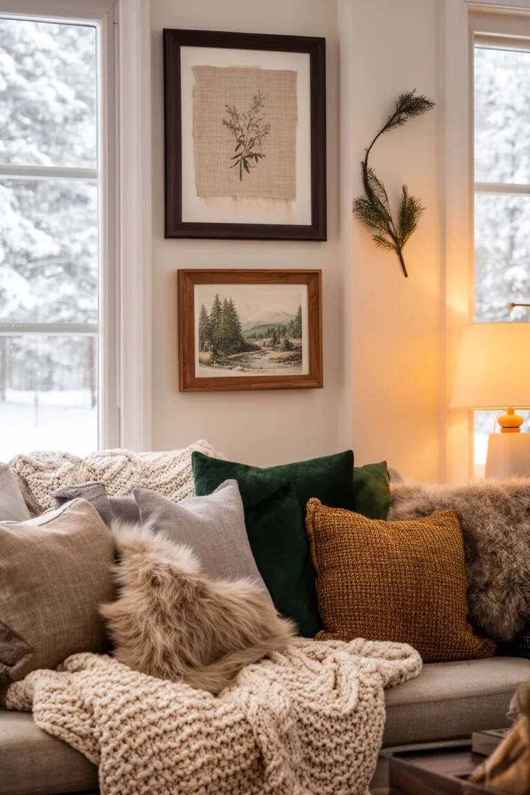 Gallery wall corner mixing framed fabric, a botanical print and a landscape