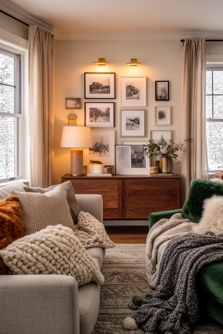 Cohesive gallery wall above a sideboard lit by warm picture lights
