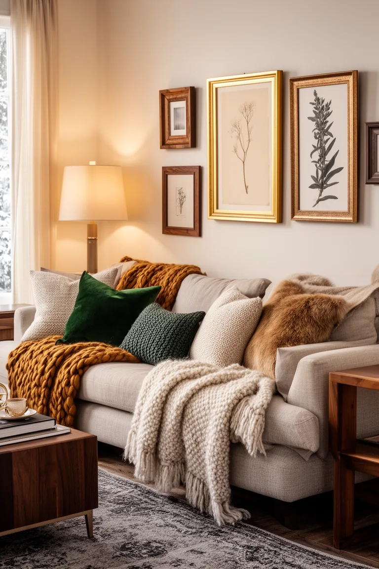 Asymmetrical gallery arrangement of wood and antique gold frames
