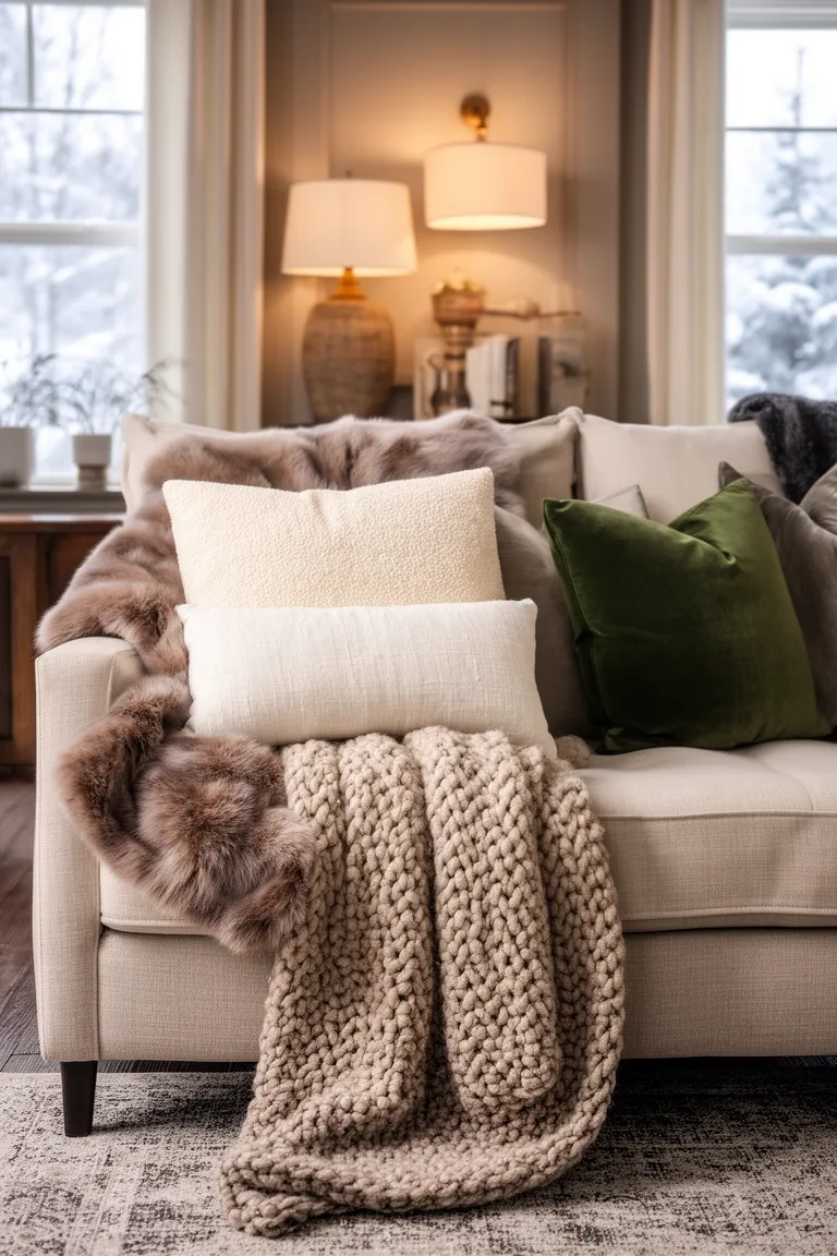 Linen sofa layered with cream boucle, taupe faux fur and a chunky knit throw