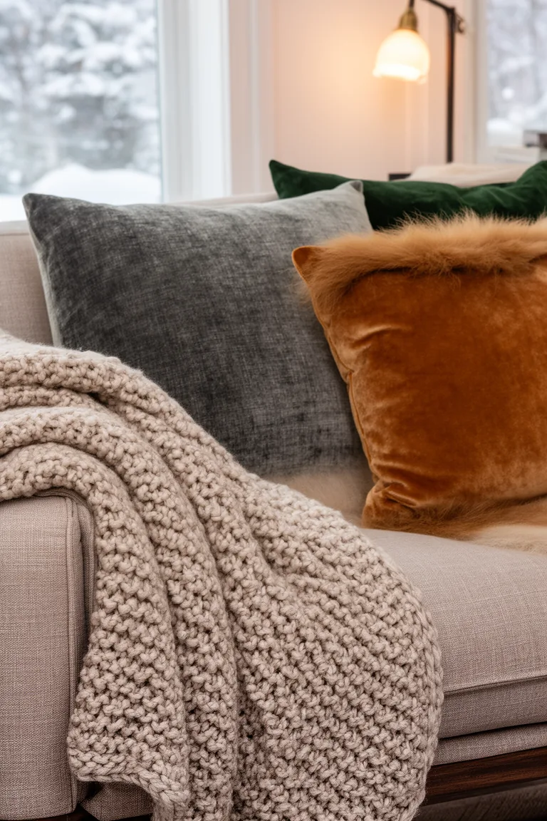 Chunky knit oatmeal throw and caramel velvet pillow on a sofa arm