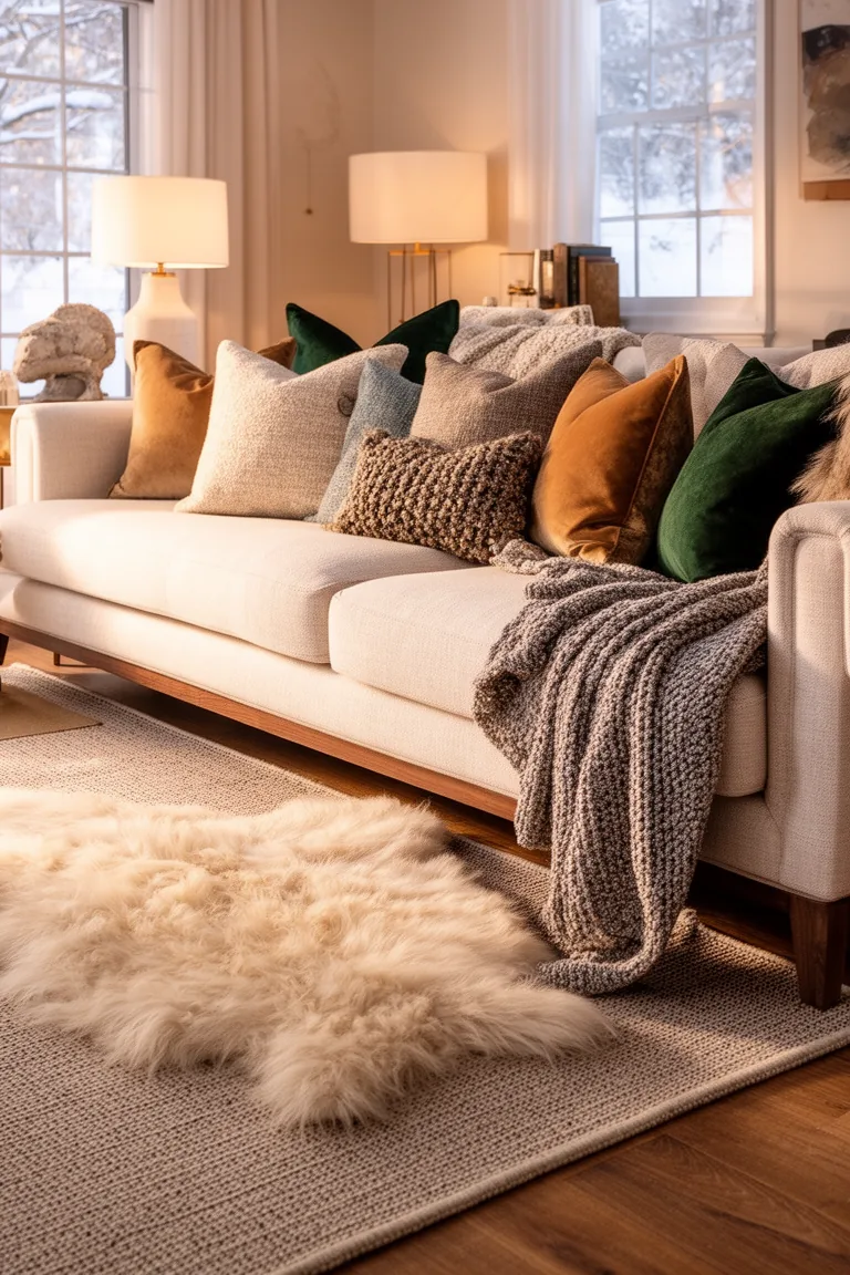 Layered flatweave rug with a sheepskin topper beside a sofa