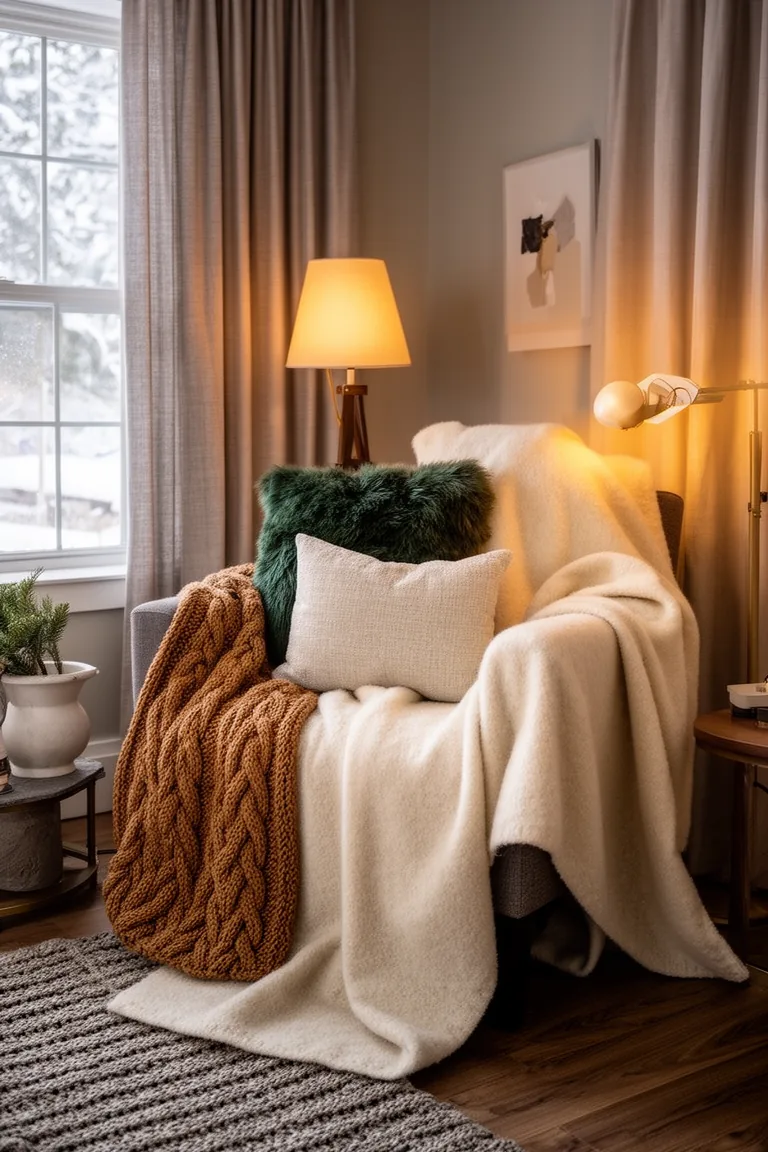 Cozy armchair draped with a cream wool blanket and knit throw