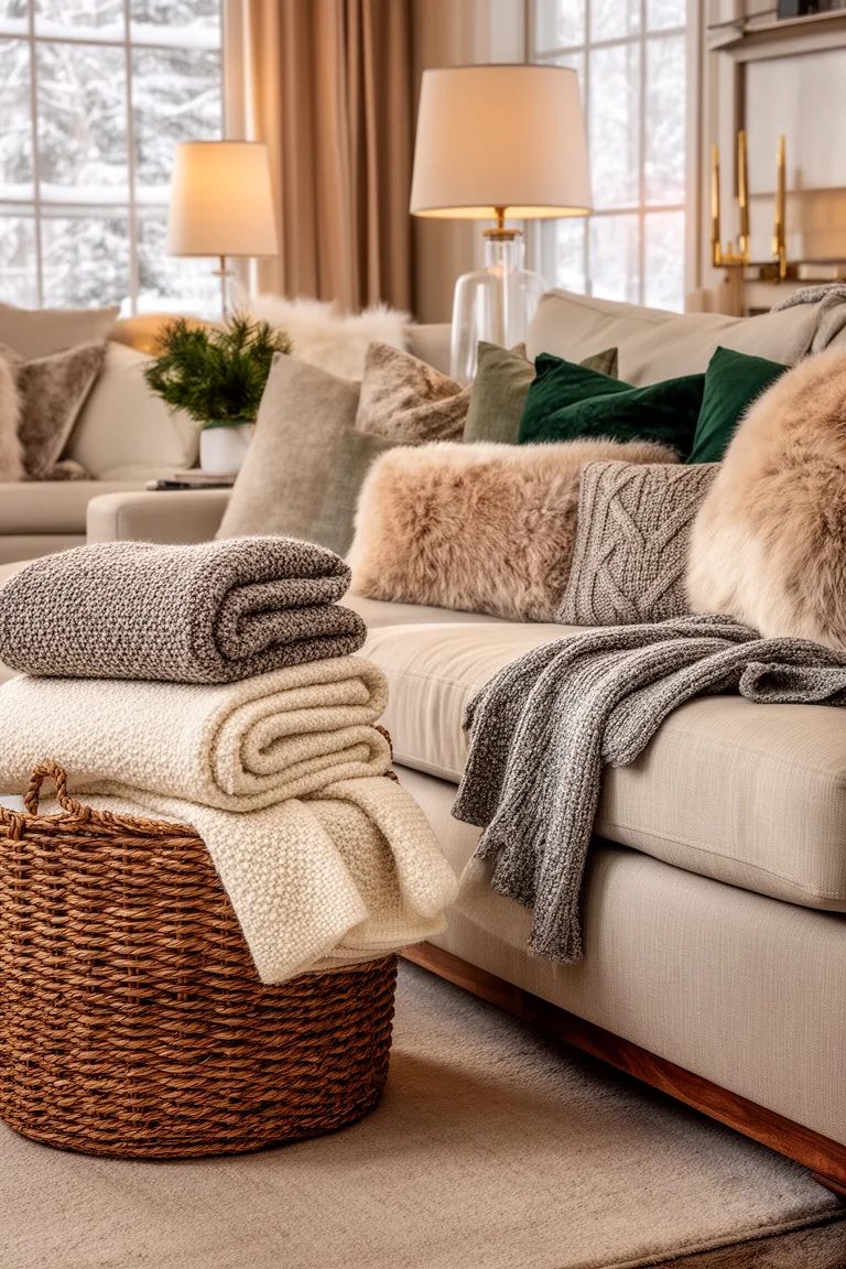 Folded neutral winter throws in a woven basket beside a sofa