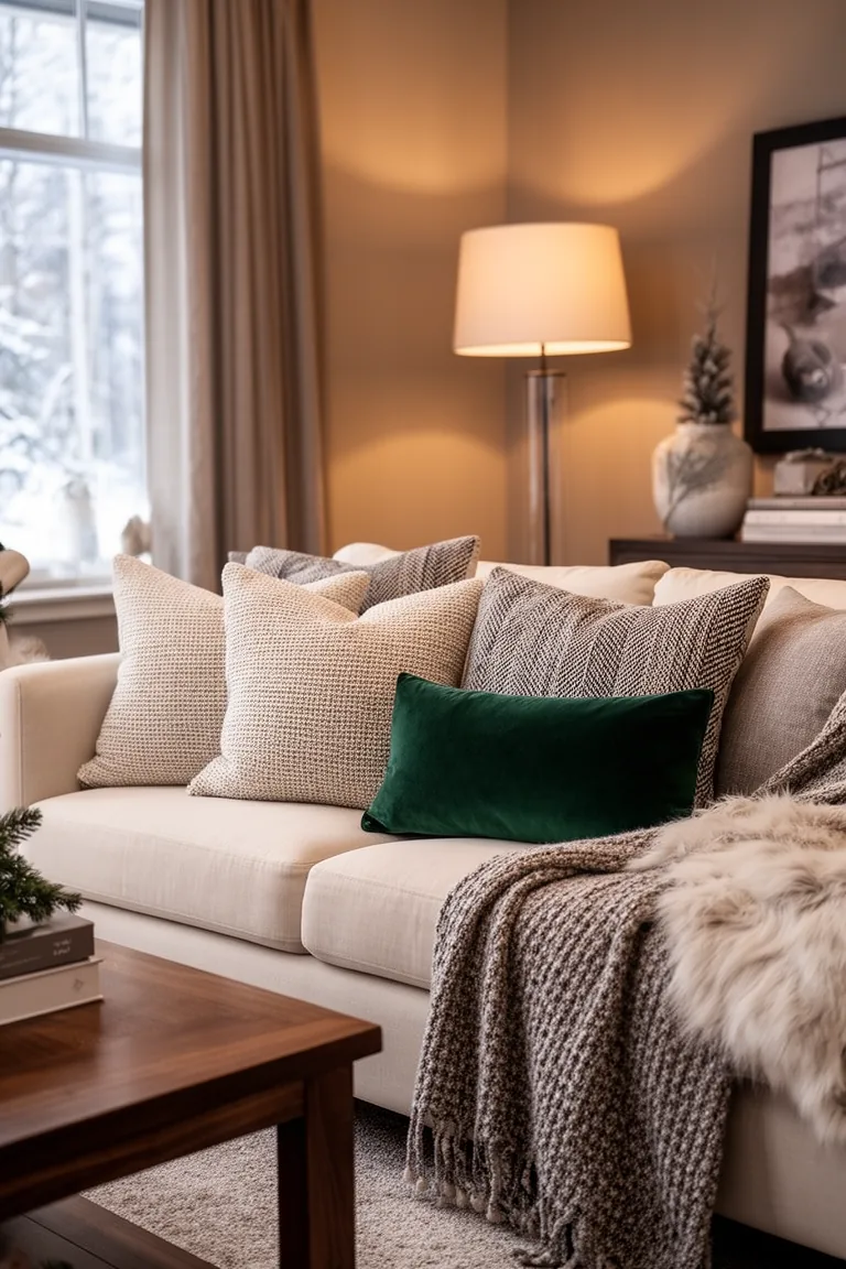 Sofa styled with layered square, herringbone and velvet lumbar pillows