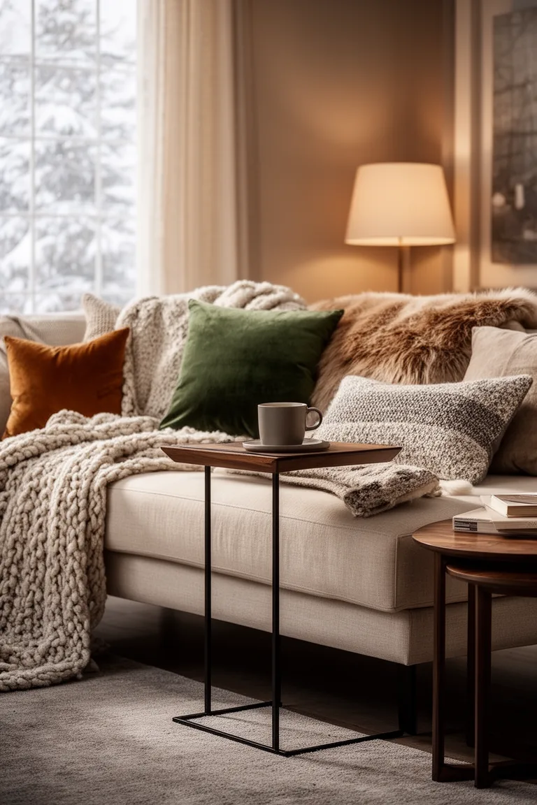 Slim C-table beside a sofa with a mug and a nesting table
