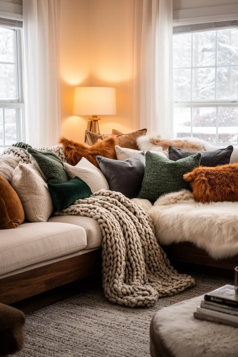 Cozy sectional corner with mixed-texture pillows and a chunky knit blanket