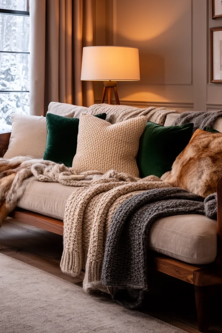 Sofa with plump cushions and layered throws under warm lamp light