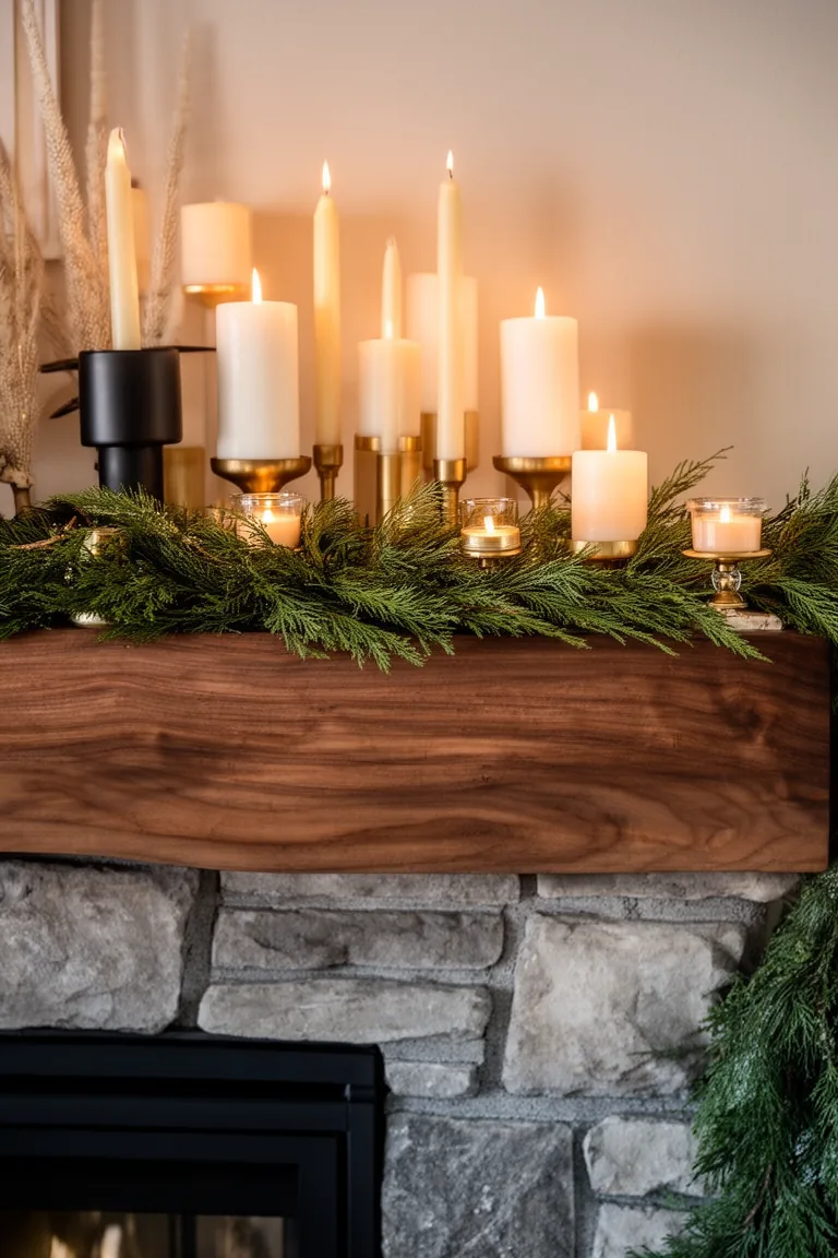 Layered candlelight on a mantel with pillars tapers and votives in warm glow