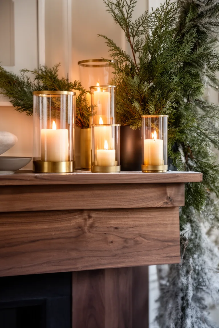 Closeup of brass and glass candle holders at varied heights on a mantel