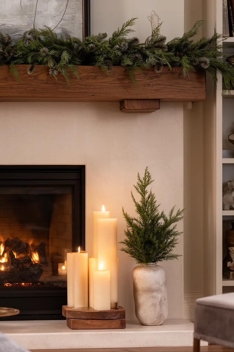 Cluster of three pillar candles at varied heights on a wood riser