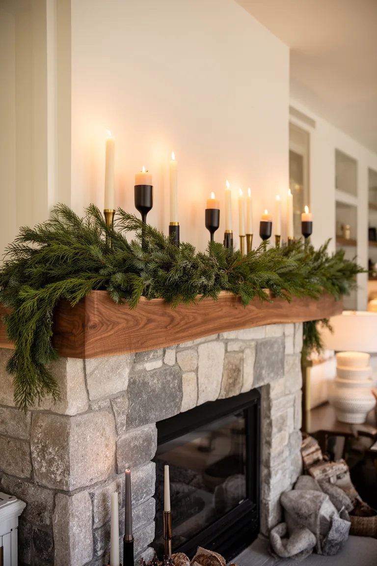 Ivory taper candles in matte black holders along a winter mantel