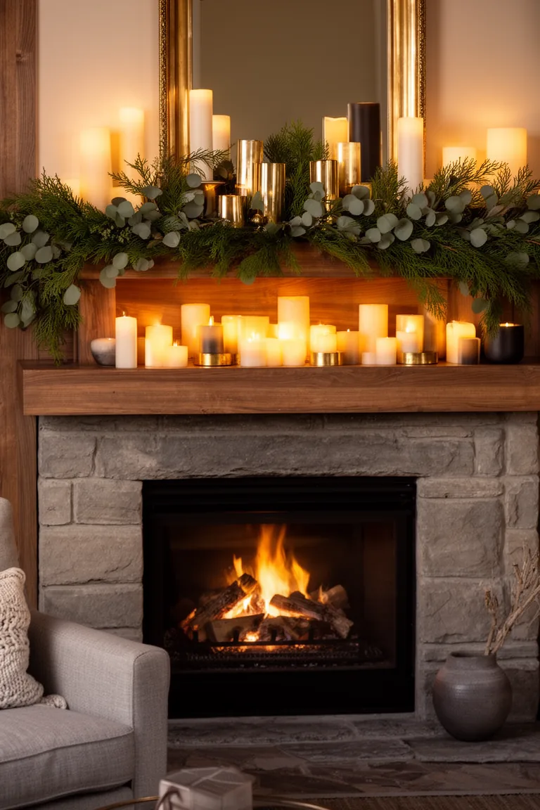 Mantel glowing with mixed pillar and votive candles nestled in greenery