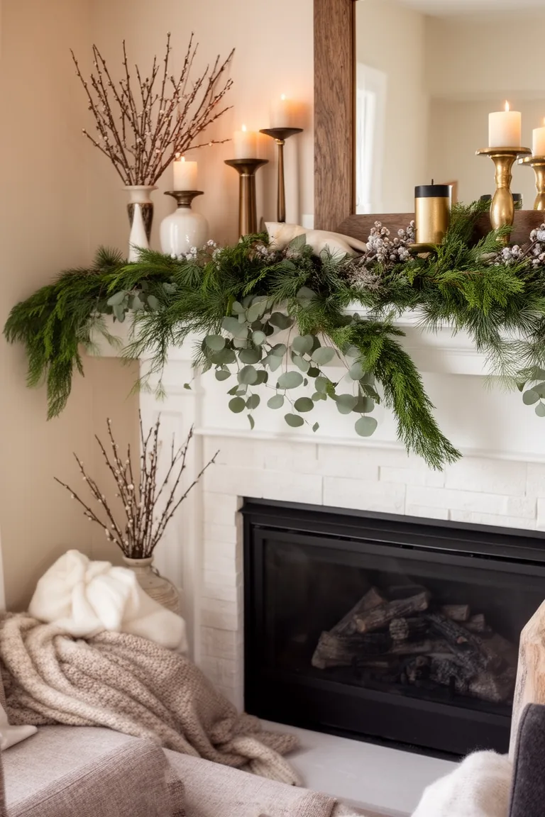 Layered cedar and eucalyptus garland draped across a white winter mantel