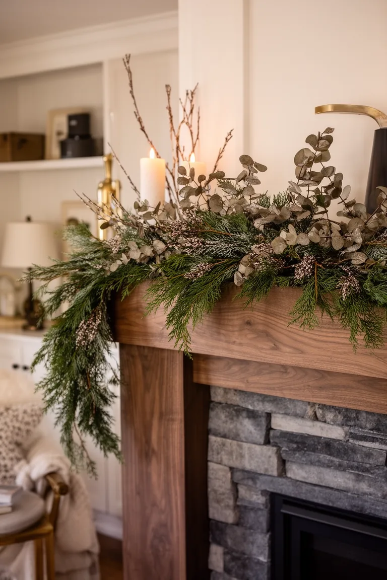 Closeup of a layered cedar pine and eucalyptus winter mantel garland