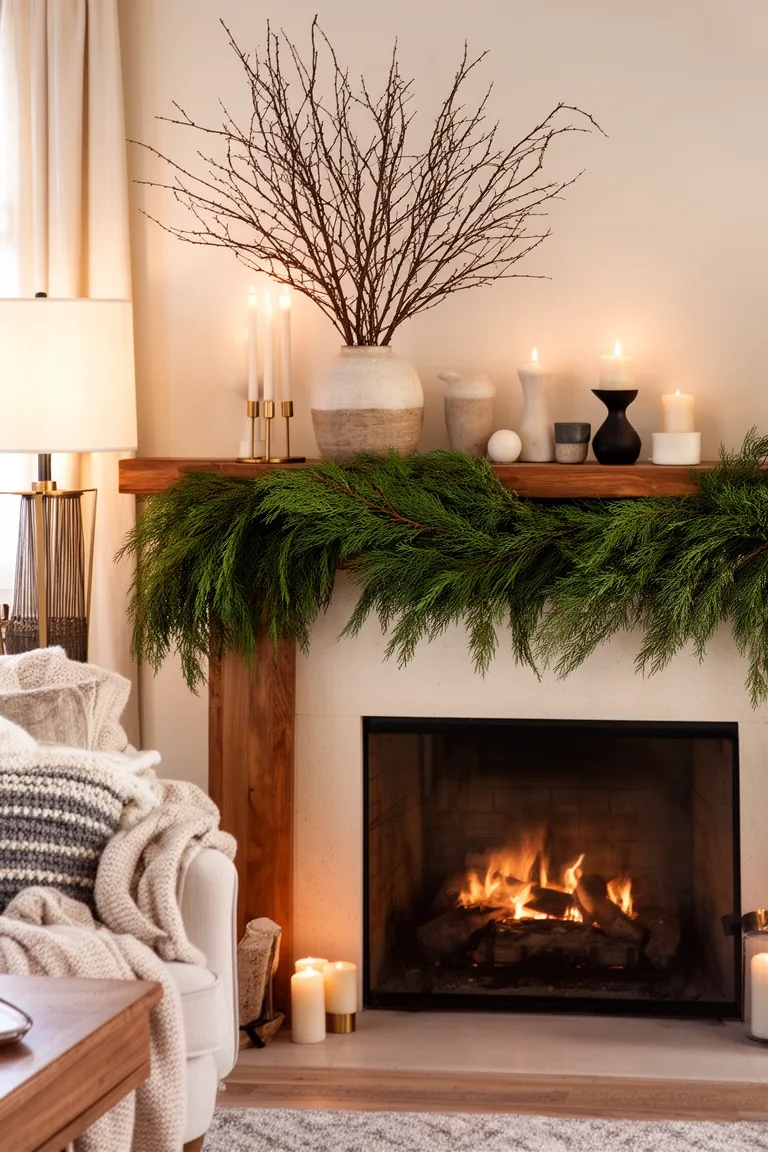Full fir garland trailing over a mantel beside a vase of bare branches