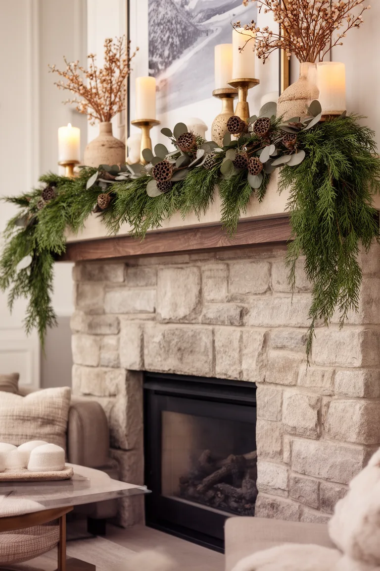 Neutral mantel with cedar garland and tucked dried eucalyptus sprigs