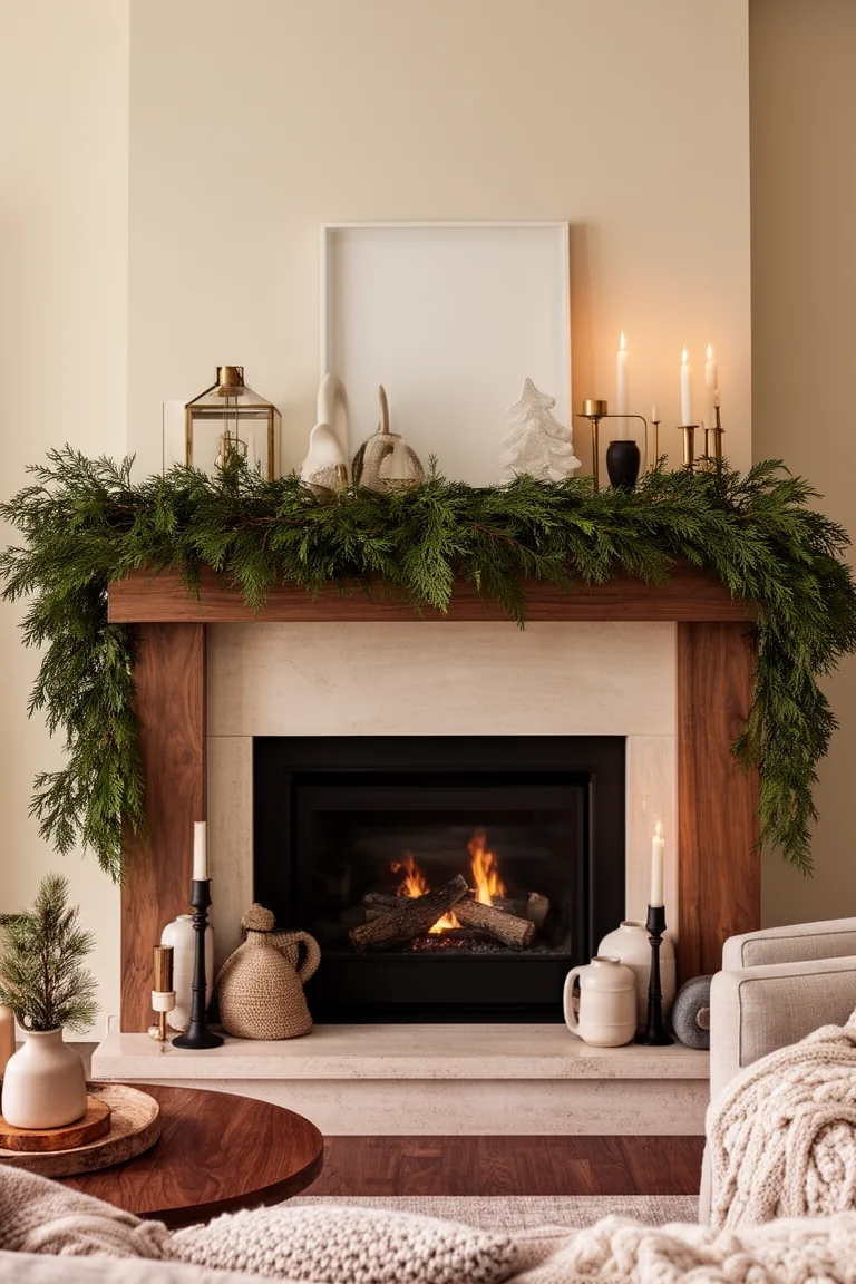 Wide view of a fireplace mantel with a layered evergreen garland