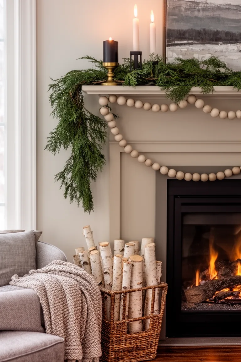Basket of stacked birch logs beside a hearth with a wooden bead garland