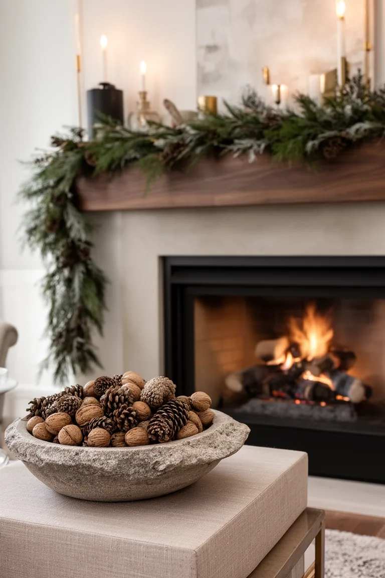 Low stone bowl piled with pinecones and walnuts on a neutral mantel