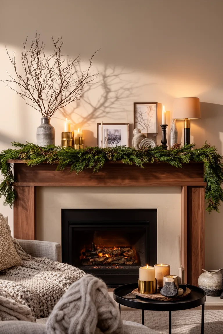Sculptural bare branches casting soft shadows on a tonal mantel
