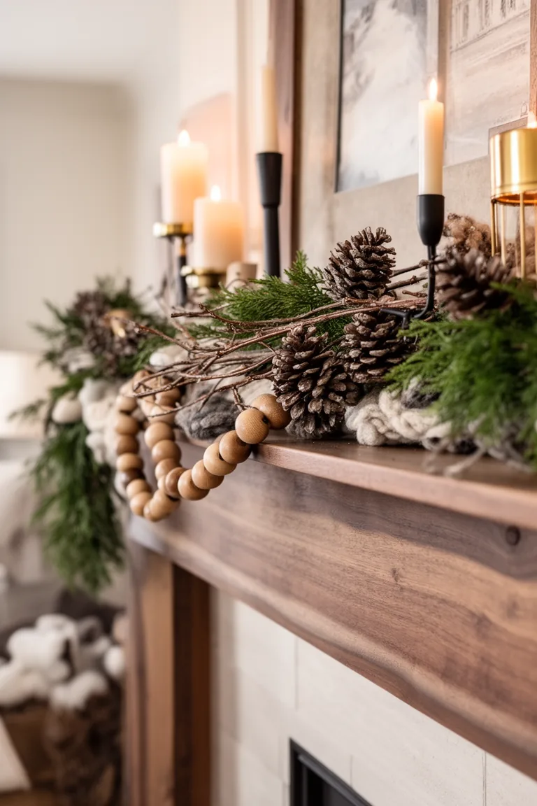 Closeup of foraged twigs pinecones and a wooden bead garland on a mantel