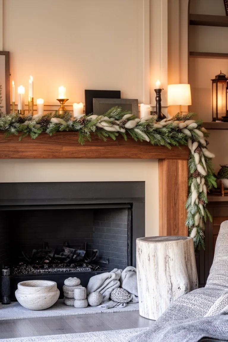 Neutral winter mantel with travertine bowl bleached wood riser and felt garland