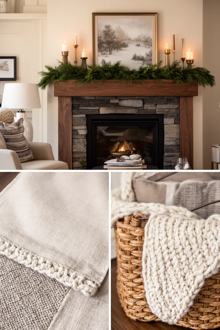Closeup texture study of knit linen and woven details in cream and taupe