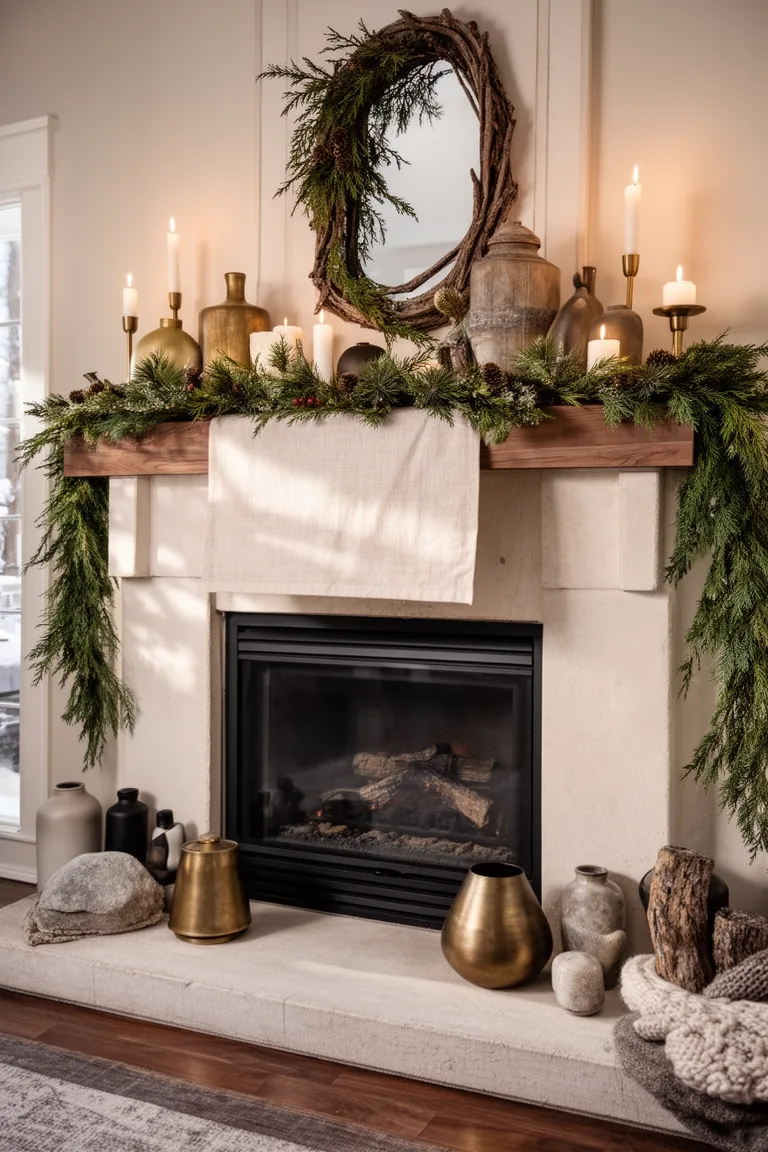 Calm tonal mantel with matte ceramic stone and aged brass objects