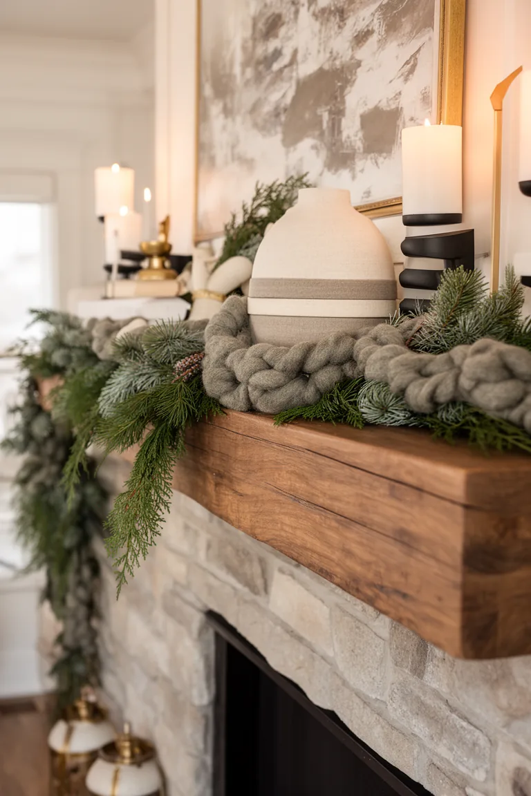 Mantel layered with felt garland stoneware vase and linen-wrapped books