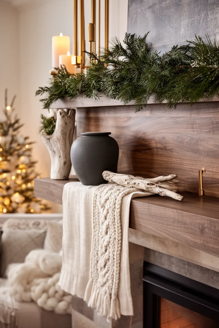 Quiet neutral vignette with charcoal vase bleached wood and cream knit