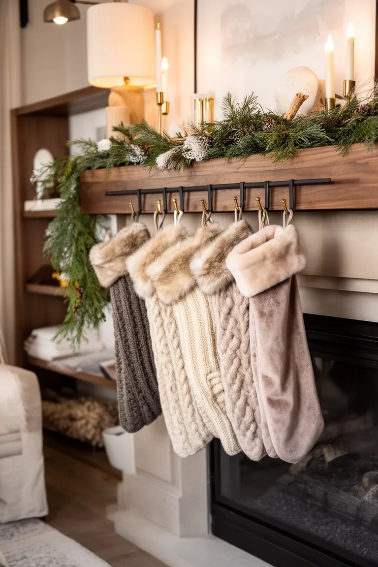 Chunky knit and velvet stockings in cream and taupe on a winter mantel