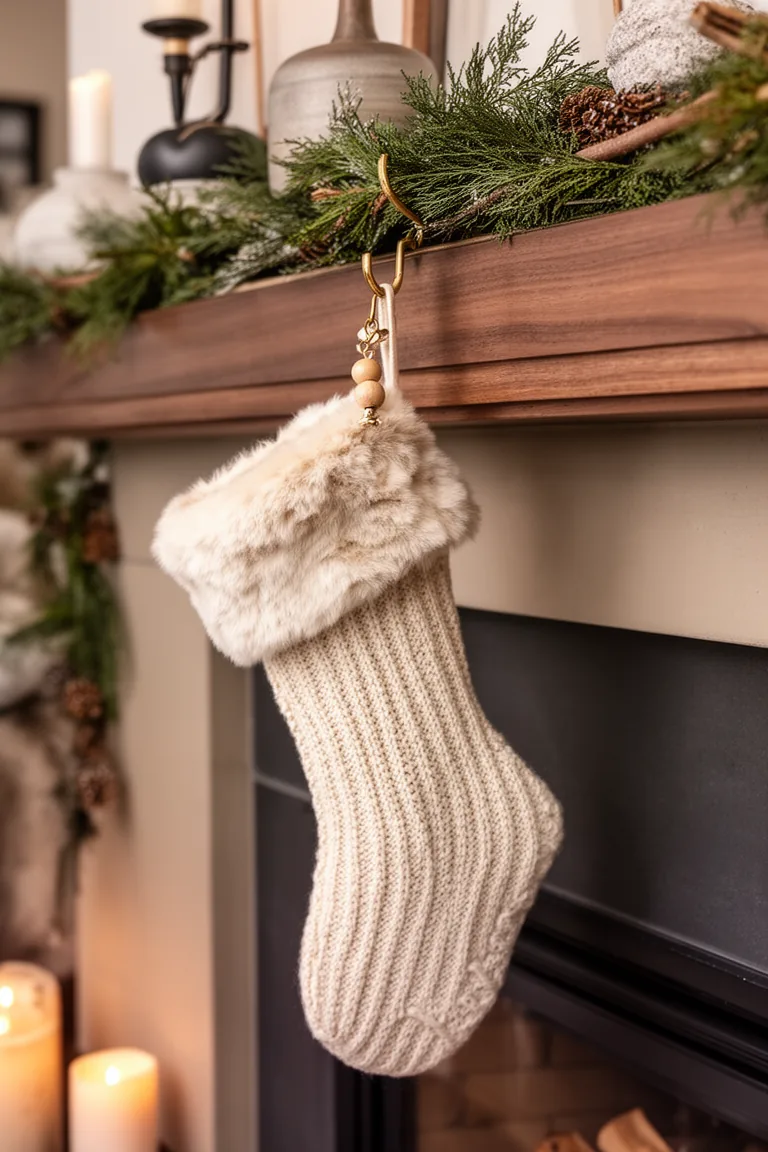 Closeup of a cream knit stocking with faux fur cuff and wood bead charm