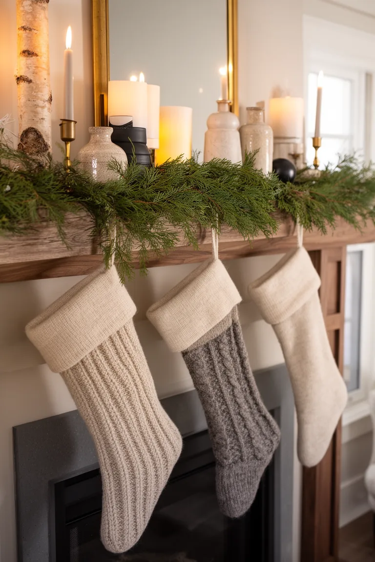 Neutral linen and wool stockings staggered at varied lengths on a mantel