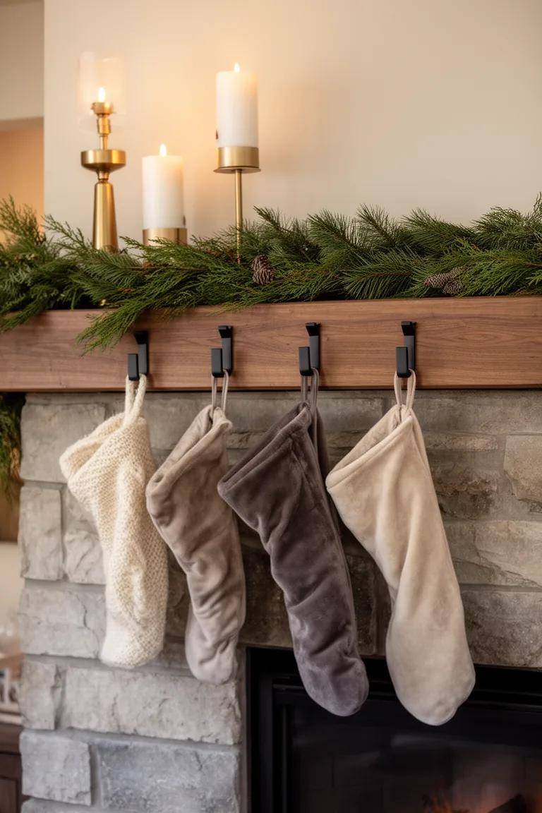Tonal velvet stockings in taupe and oatmeal draping on matte black hooks