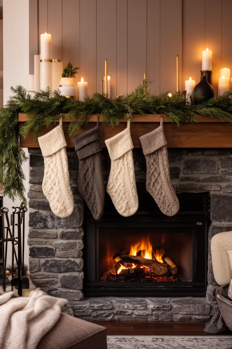Cozy mantel with a row of soft neutral knit stockings and warm candle glow