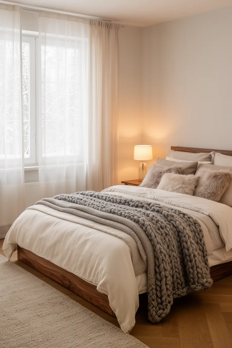 Neutral bed with mattress topper and layered pillows in a minimal bedroom