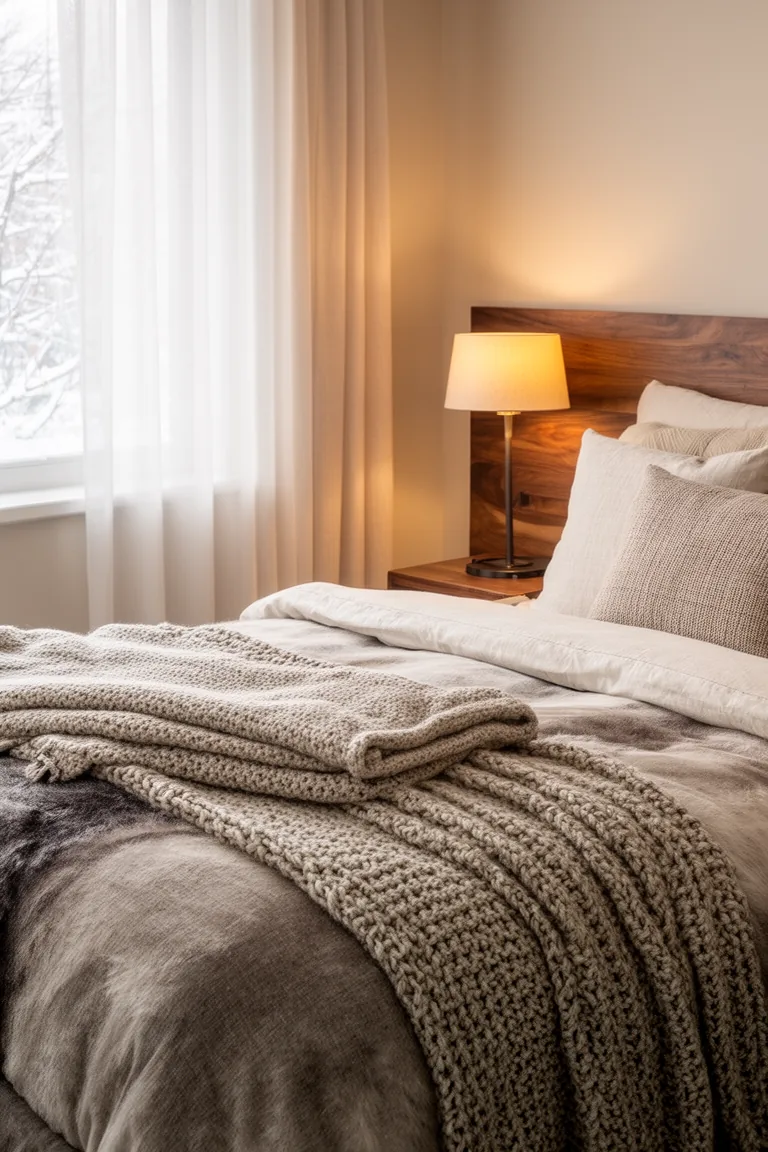 Soft cloud like bed with folded wool blanket and knit throw