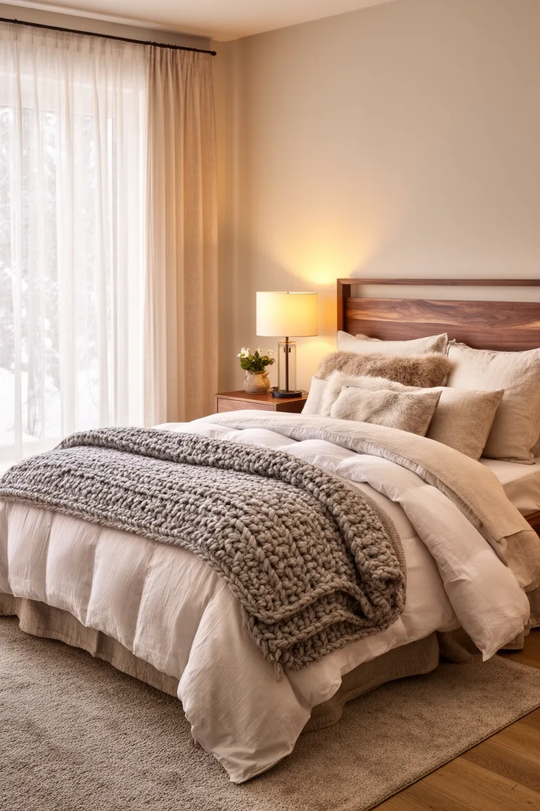 Cozy made bed with fluffy duvet and quilt folded at the foot
