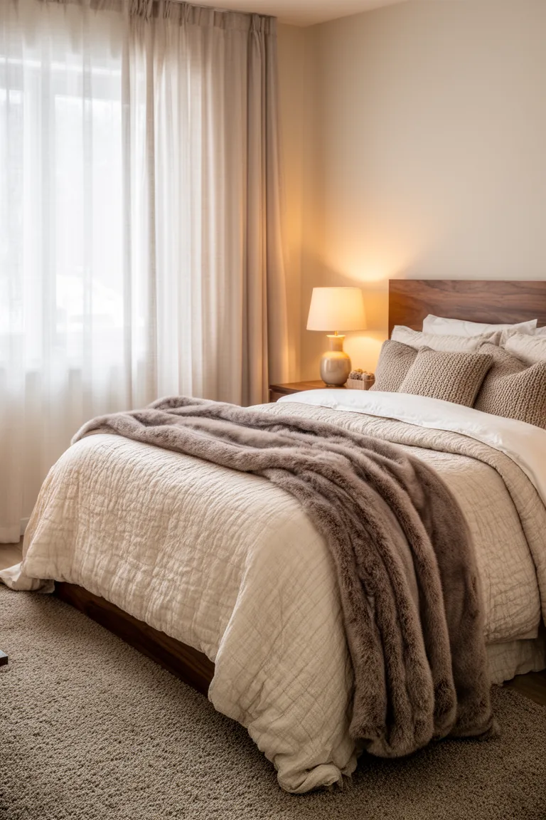 Cozy bed layered with cream percale sheets, oatmeal quilt and ivory duvet