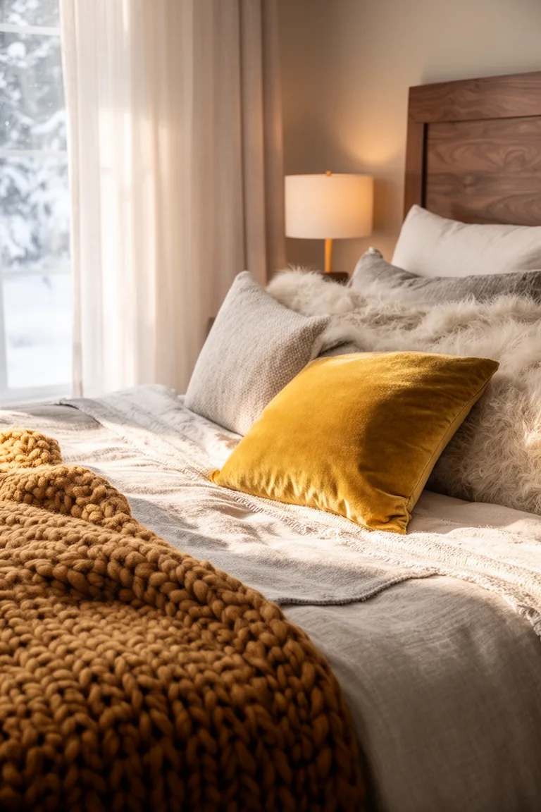 Chunky knit caramel throw and velvet pillow layered on a neutral bed
