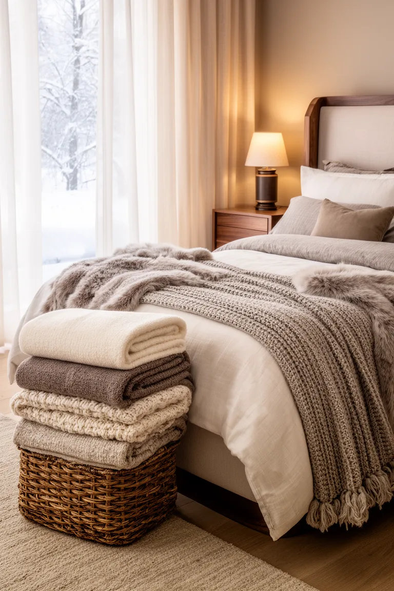 Stack of folded winter blankets in a woven basket beside a bed