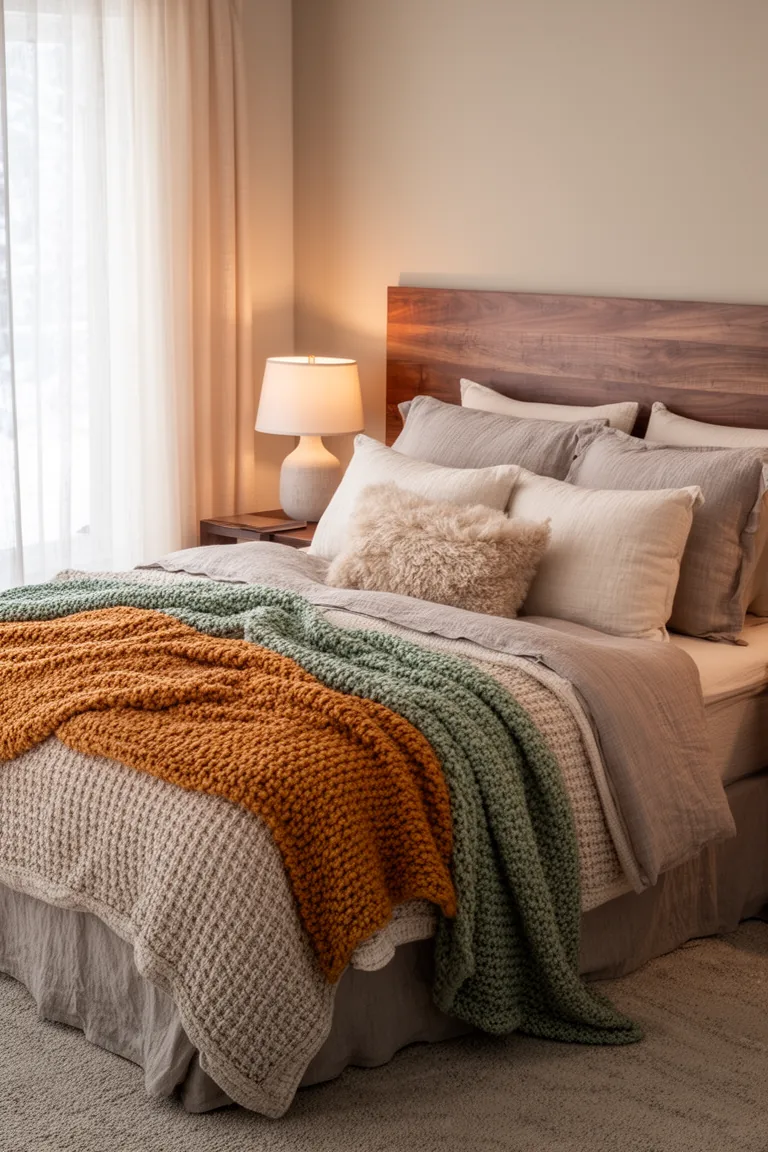 Layered linen shams, sherpa pillow and knit throw in oatmeal and caramel