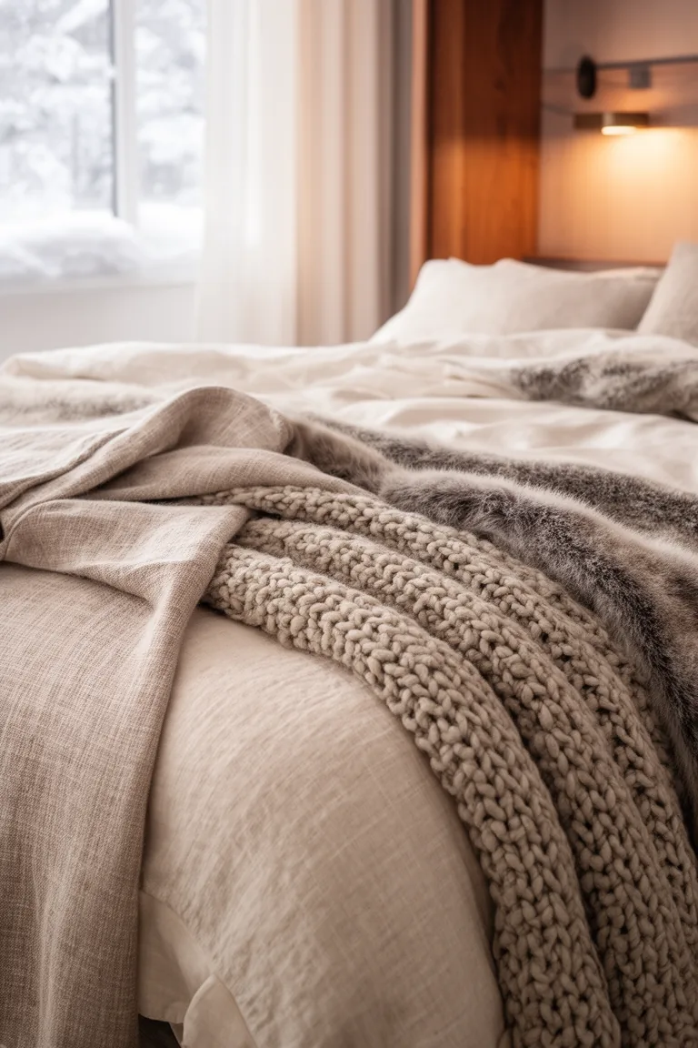 Closeup of mixed linen, sateen and chunky knit bedding textures