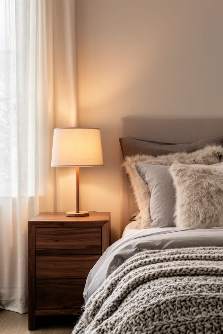 Bedside lamp with linen shade casting a warm glow on a walnut nightstand