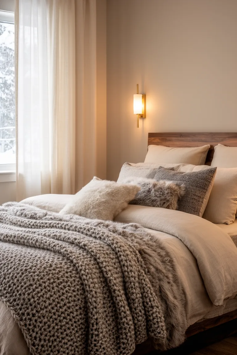 Slim brass wall sconce giving a soft warm light above a neutral bed