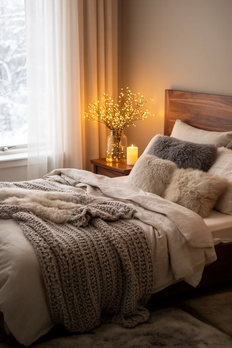 Glass vase of warm fairy lights and a candle on a nightstand
