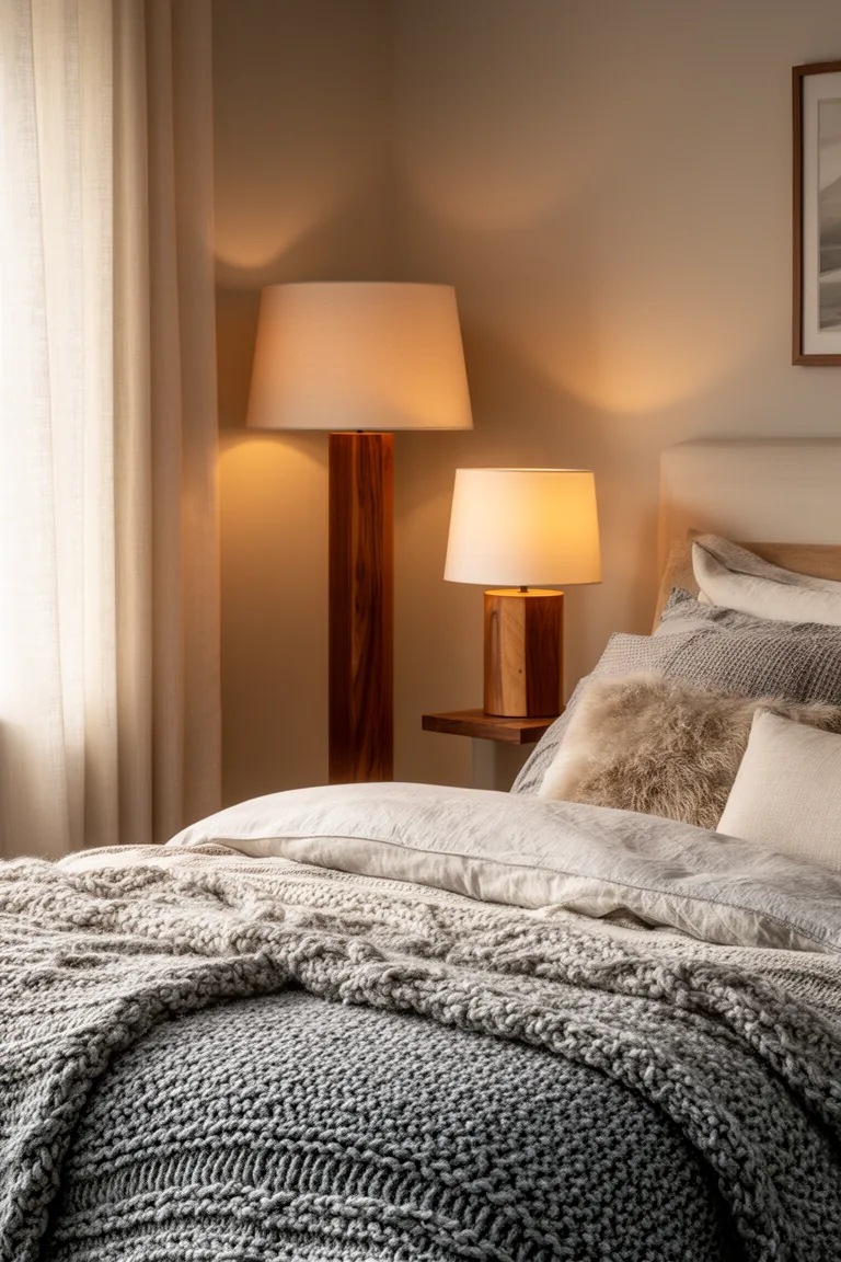 Cozy bedroom corner lit by layered warm lamps at different heights