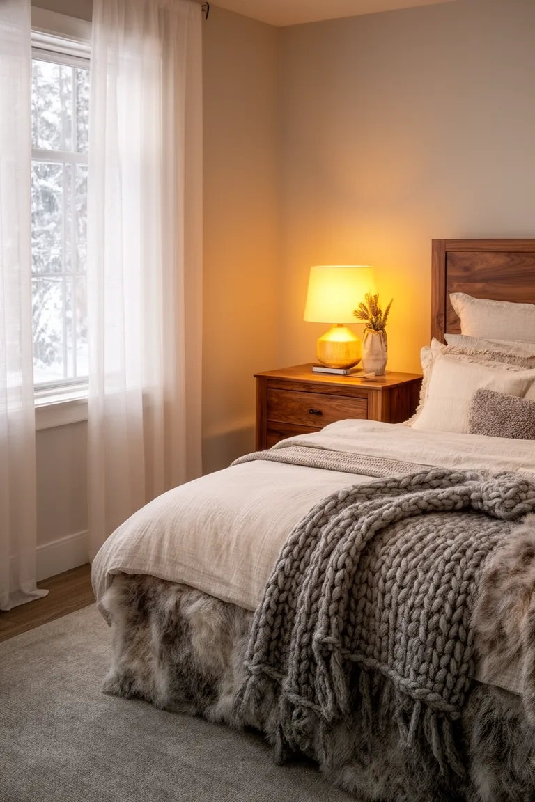 Soft warm accent lamp casting golden light across a neutral bedroom
