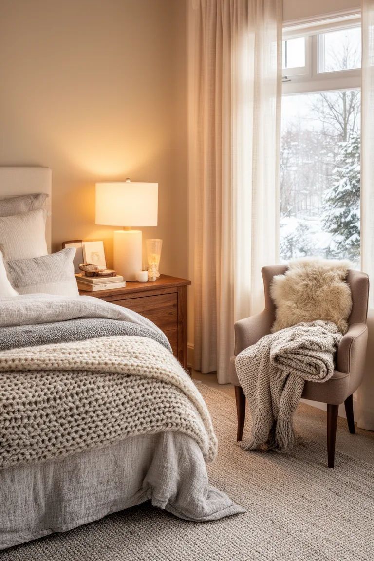 Petite taupe accent chair with a sheepskin throw and knit blanket by a window